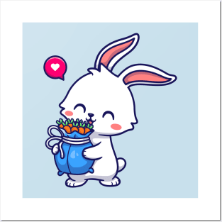 Cute Rabbit Holding Carrot Cartoon Posters and Art